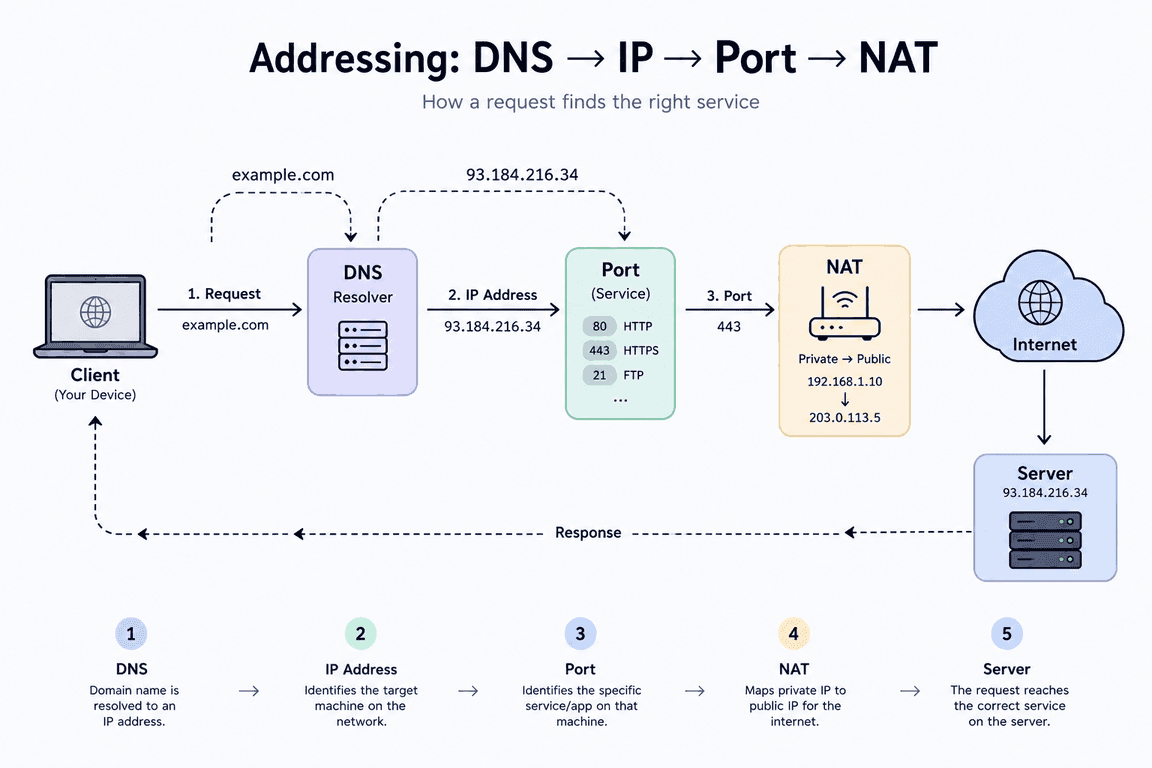 The addressing chain end to end: a client asks a DNS resolver for example.com and gets back 93.184.216.34, the port narrows that down to a service, NAT rewrites the private address as a public one, and the request crosses the internet to the server before the response travels back the same way