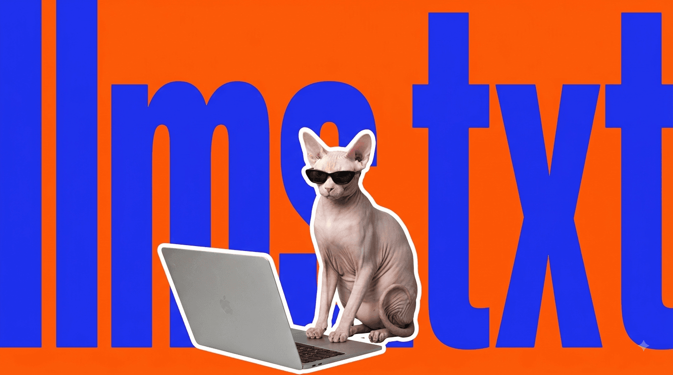 A sphynx cat wearing sunglasses, sitting at a laptop in front of oversized llm.txt lettering