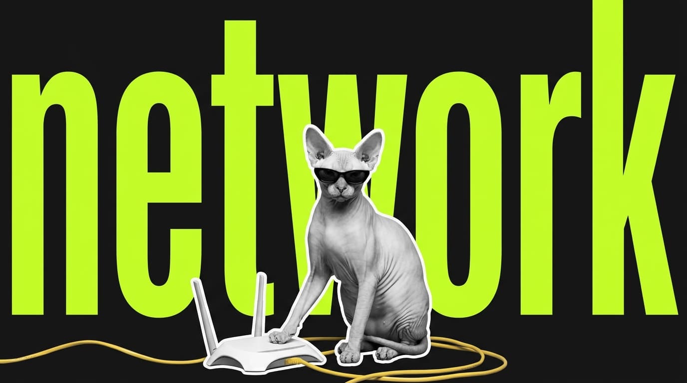 The word network in neon green on a black background, with a sphynx cat in sunglasses in front of it, one paw resting on a router and a yellow ethernet cable coiled around it