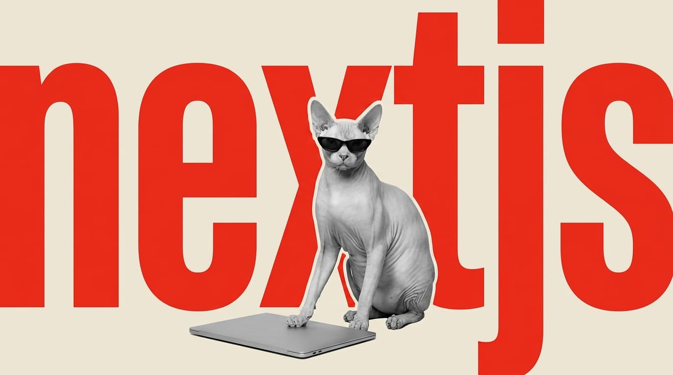 A sphynx cat in sunglasses sitting in front of the oversized red word nextjs, one paw resting on a closed laptop